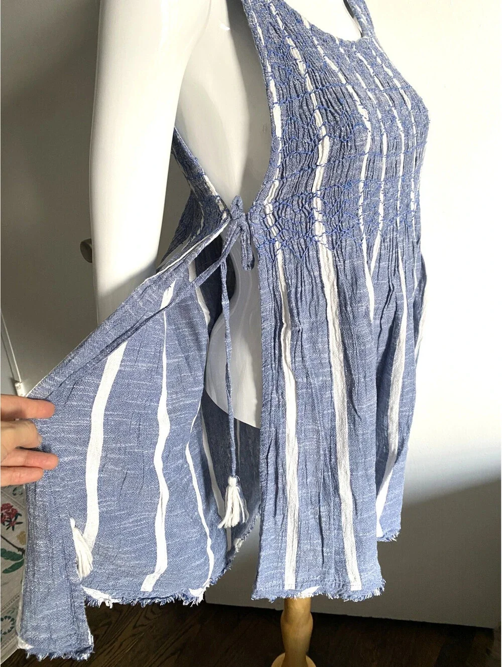 FREE PEOPLE Womens Blue Striped Sleeveless Jewel Neck Trapeze Top S Small